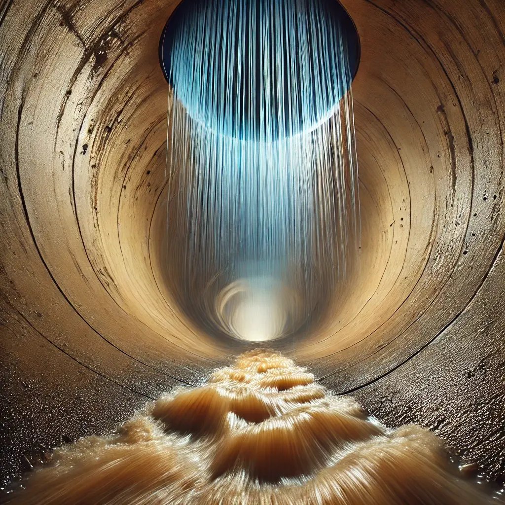 DALL·E 2024-09-17 14.48.23 - An internal view of a smooth concrete sewer pipe with dirty brown water flowing slowly along the bottom. A fine, high-pressure curtain-like wall of bl-2