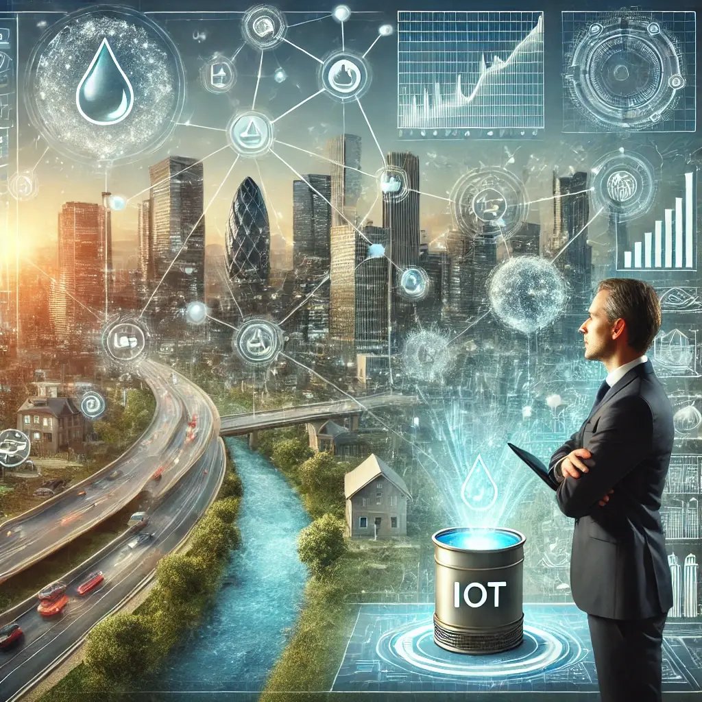 DALL·E 2024-09-24 12.38.22 - A visionary scene showing the integration of IoT technology with sustainable water management. In the background, a smart city skyline powered by IoT  DALL·E 2024-09-24 12.38.22 - A visionary scene showing the integration of IoT technology with sustainable water management. In the background, a smart city skyline powered by IoT