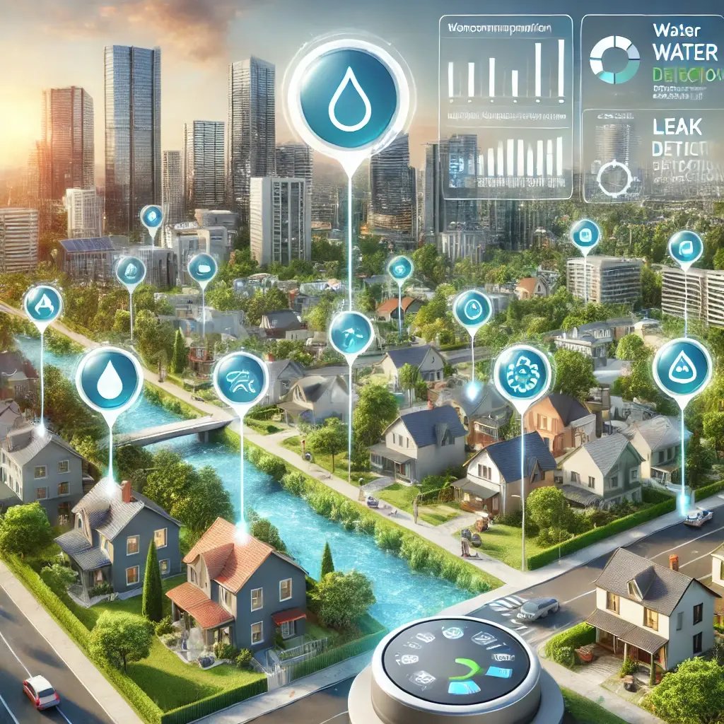 DALL-E 2024-09-24 13.18.20 - Une ville moderne qui utilise des solutions intelligentes de gestion de l'eau grâce à la technologie IoT. L'image montre des compteurs d'eau installés à différents endroits, y compris des compteurs d'eau de la ville.