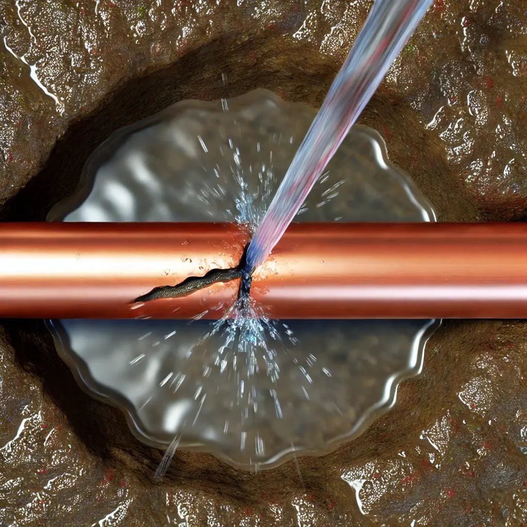 DALL·E 2024-10-31 13.48.51 - A realistic top-view of a continuous copper water pipe embedded in a hole in damp, muddy soil. The pipe has a small crack caused by a bad weld, and wa-1
