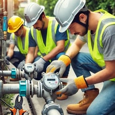 DALL·E 2024-11-04 17.43.42 - Workers installing a water meter in a suburban or urban setting. They are wearing high-visibility safety vests, helmets, and gloves, using tools such