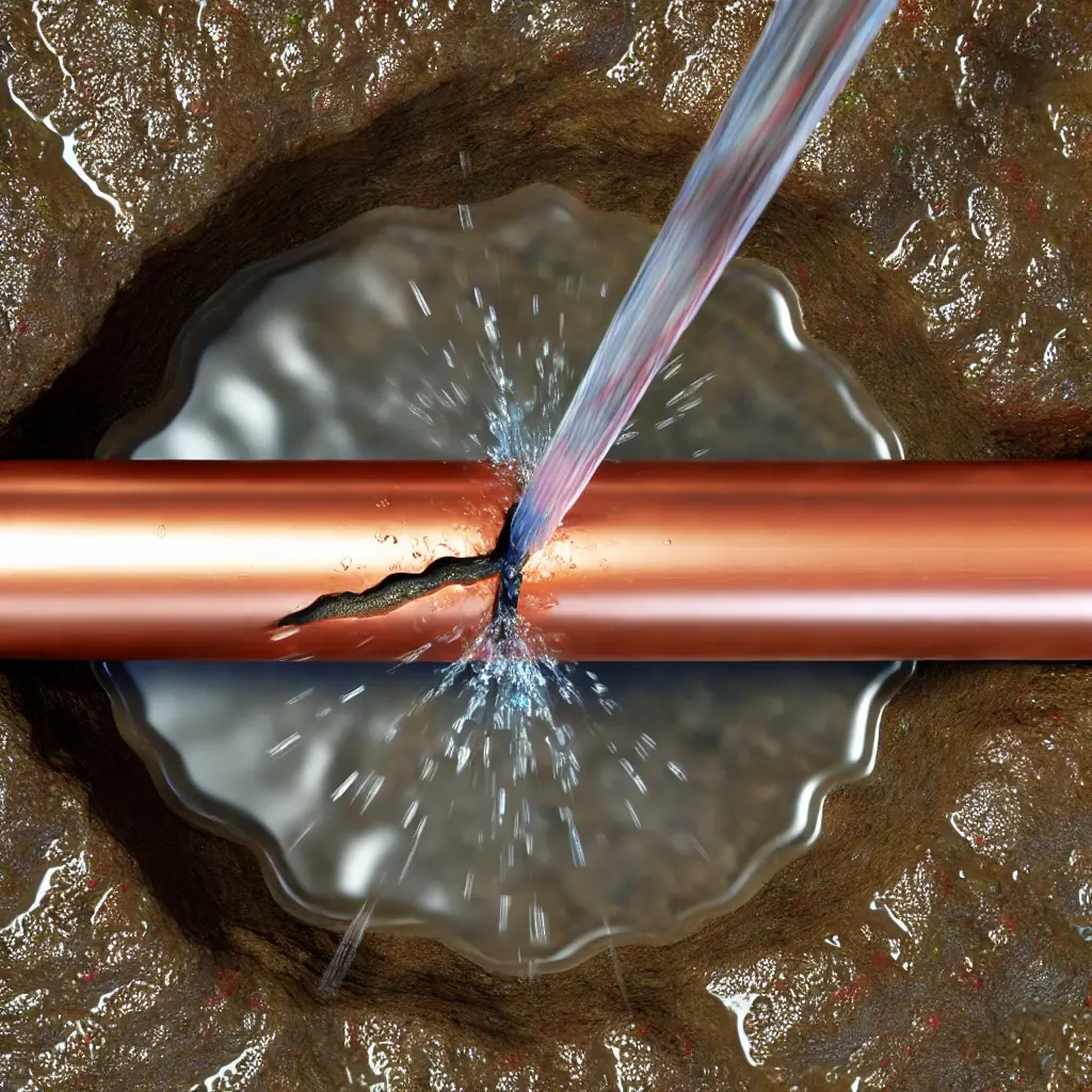 DALL·E 2024-10-31 13.48.51 - A realistic top-view of a continuous copper water pipe embedded in a hole in damp, muddy soil. The pipe has a small crack caused by a bad weld, and wa